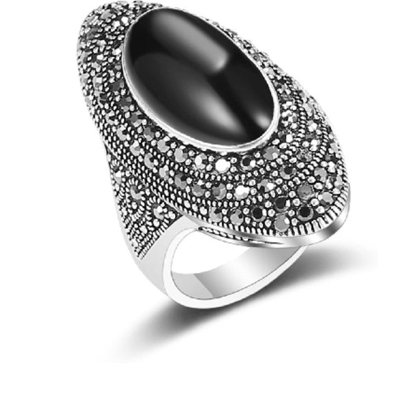 Mytys Retro Vintage Cocktail Statement Ring Black Marcasite and Crystal Rings fo - Picture 1 of 8